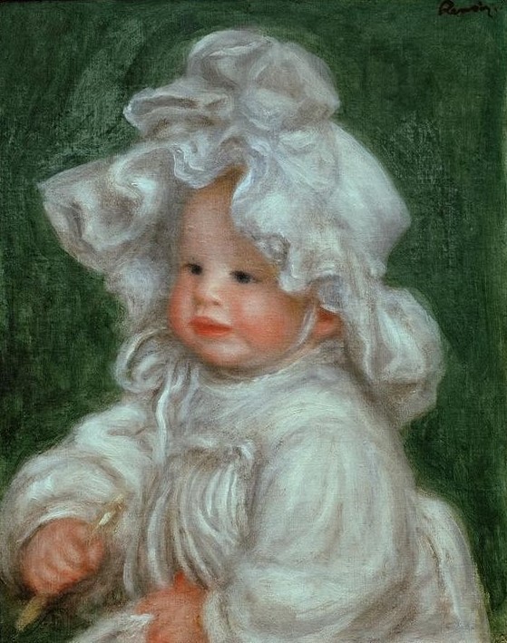 Pierre-Auguste Renoir, Portrait de Claude Renoir. Coco à la Charlotte (Kindermode,Kind,Kopfbedeckung,Maler (Künstler),Mensch,Impressionismus,Kleinkind,Portrait,Französische Kunst,Knabe In Mädchenkleid)
