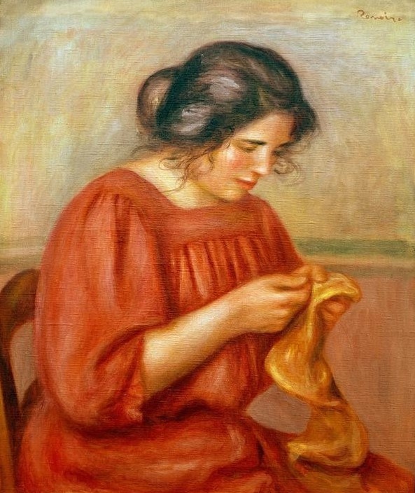 Pierre-Auguste Renoir, Gabrielle reprisant (Frau,Handarbeit,Maler (Künstler),Impressionismus,Portrait,Nähen,Französische Kunst,Junge Frau)