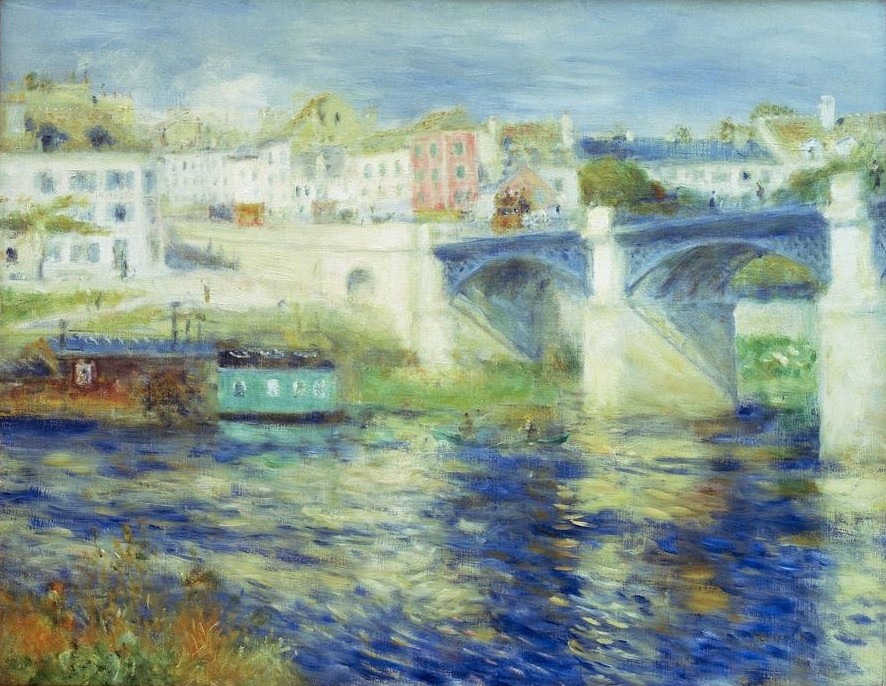 Pierre-Auguste Renoir, Le pont de Chatou (Architektur,Brücke,Impressionismus,Fluss,Stadtansicht,Architekturdarstellung,Französische Kunst,Licht,Blau,Sonnenschein)