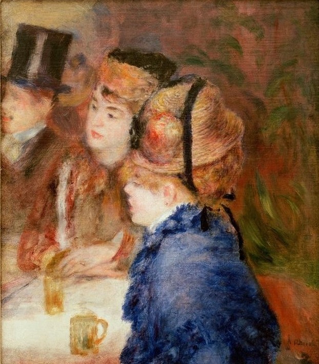 Pierre-Auguste Renoir, Au café. Les buveuses (Alkohol,Damenmode,Essen Und Trinken,Frau,Gastronomie,Gesellschaftliches Leben,Mode,Impressionismus,Hut,Portrait,Französische Kunst,Cafe,Verträumt,Getränk,Frauenleben,Gedanken,Junge Frau,Entspannung,Brustbild,Stadtleben)
