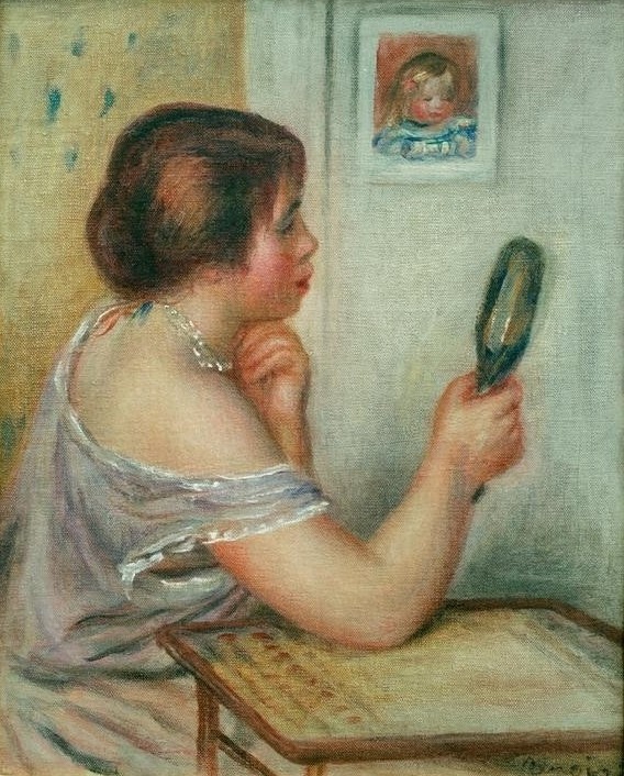 Pierre-Auguste Renoir, Marie Dupuis tenant un miroir avec un portrait de Coco (Frau,Mensch,Spiegel,Impressionismus,Bild Im Bild,Portrait,Französische Kunst,Handspiegel)