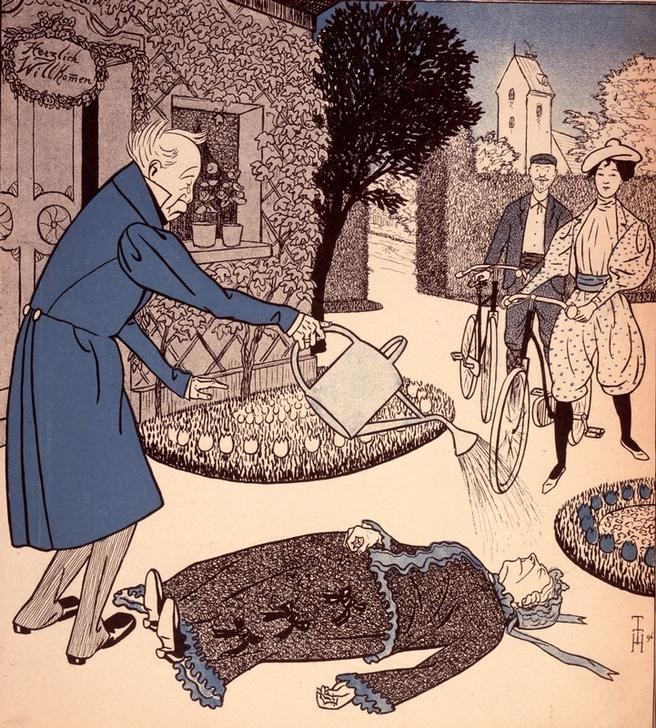 Thomas Theodor Heine, Der Besuch der Neuvermählten (Besuch,Deutsche Kunst,Fahrrad,Gesellschaftliches Leben,Karikatur,Kunst,Medizin,Ohnmacht,Verkehr,Jugend Und Alter,Wiederbelebung,Junges Paar,Schreck,Hosenmode)
