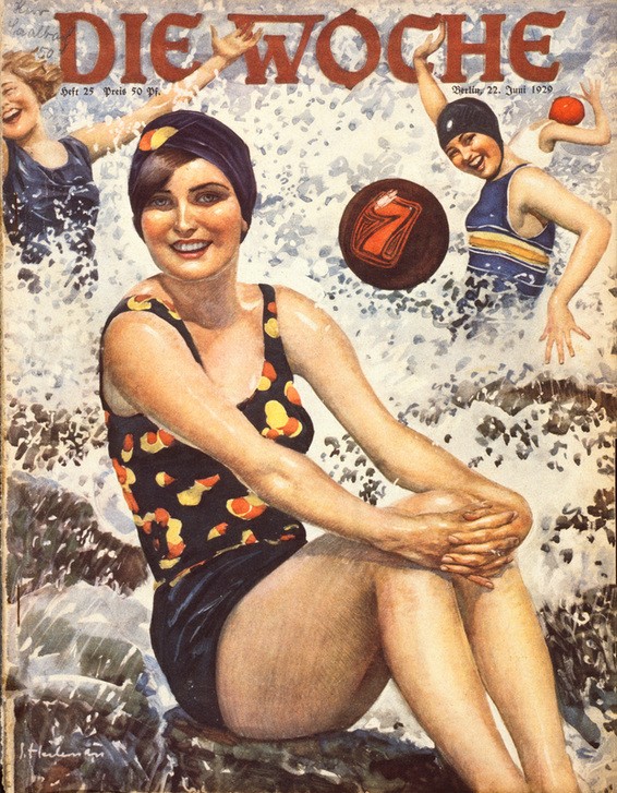 Ernst Heilemann, Junge Frauen in den Wellen (Bademode, Zeitschrift, Cover, Retro, Schwimmen, Sport, Badekappe, Titelseite, Frauen, Wassersport, Nostalgie, Klassiker, Treppenhaus, Wohnzimmer, Wunschgröße,)