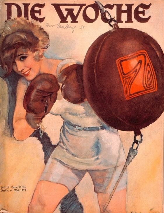 Ernst Heilemann, Frau am Punching Ball (Frau, Boxen, Training, Krafttraining, Fitness, Boxhandschuh,Punching Ball, Zeitschrift, Cover, Retro, Sport, Titelseite, Startblock,  Treppenhaus, Wohnzimmer, Wunschgröße, Klassiker)