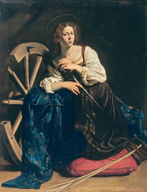 Caravaggio, Heilige Katharina von Alexandrien (Heilige, Märtyrerin, Palmblatt, Christentum, Attribut, Rad, Rädern, Folter, Religion, Hell-Dunkel, Barock, Klassiker, Malerei, Wunschgröße, Wohnzimmer)