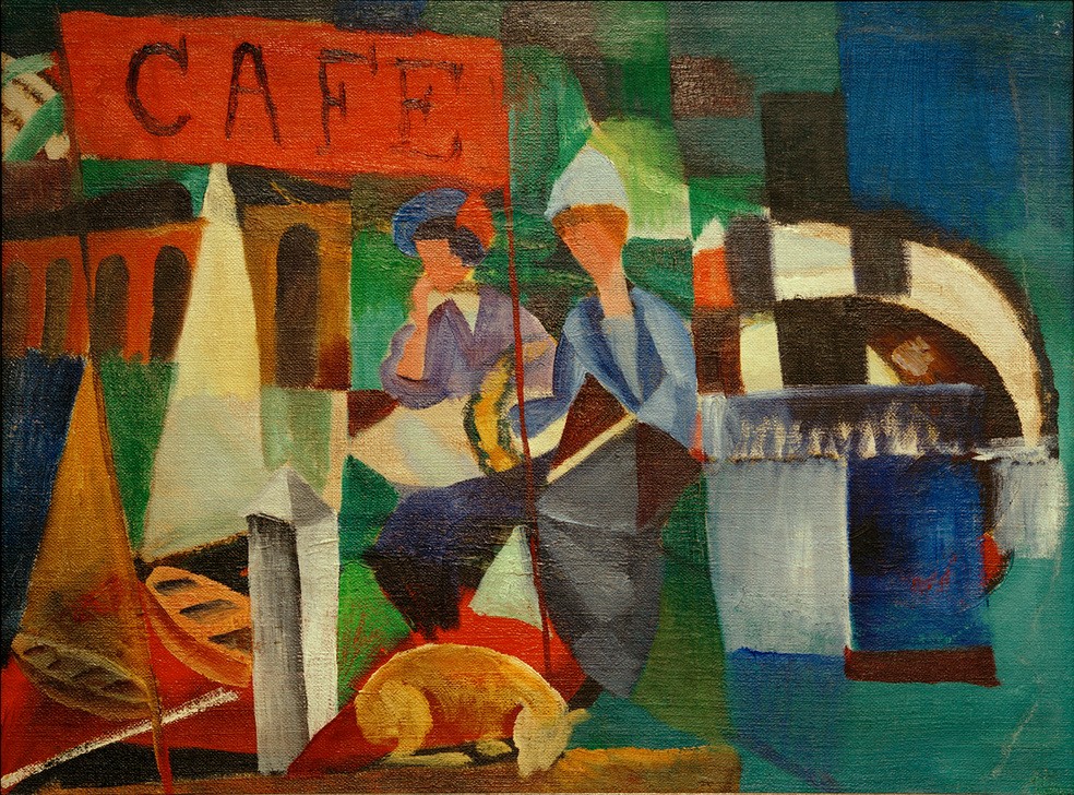 August Macke, Zwei Damen im Café (Deutsche Kunst,Frau,Gastronomie,Freizeit,Hund,Expressionismus,Der Blaue Reiter,Haustier,Cafe,Frau Und Tier,Frauenleben,Gast)