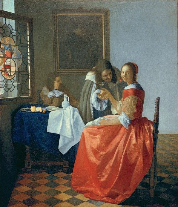 Jan Vermeer, Das Mädchen mit dem Weinglas (Alkohol,Essen Und Trinken,Flirt,Gesellschaft,Liebe,Wein,Barock,Trinken,Verführung,Interieur,Kavalier (Person),Niederländische Kunst,Holländische Kunst,Weinglas,Junge Frau,Geselliges Beisammensein)