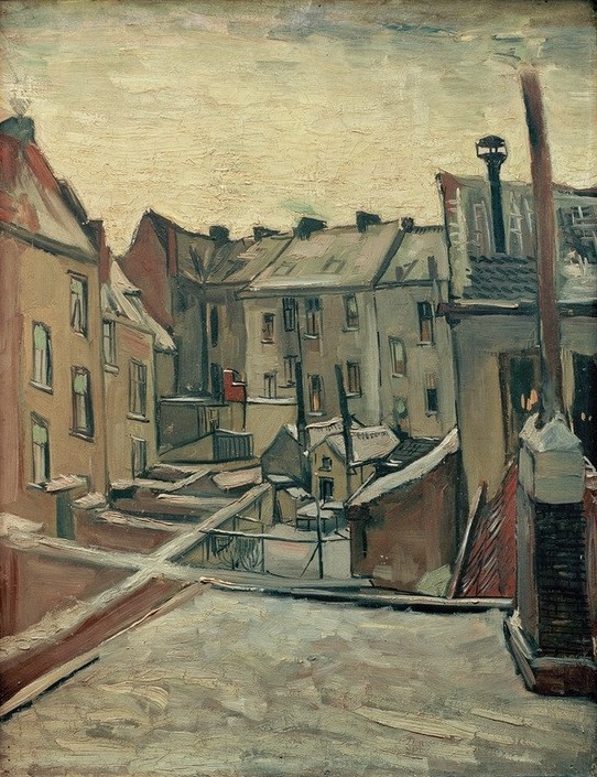 Vincent van Gogh, Hinterhöfe in Antwerpen (Architektur,Jahreszeiten,Mietshaus,Stadt,Winter,Wohnhaus (Allgemein),Hinterhof,Schnee,Architekturdarstellung,Niederländische Kunst,Holländische Kunst,Stadtlandschaft)