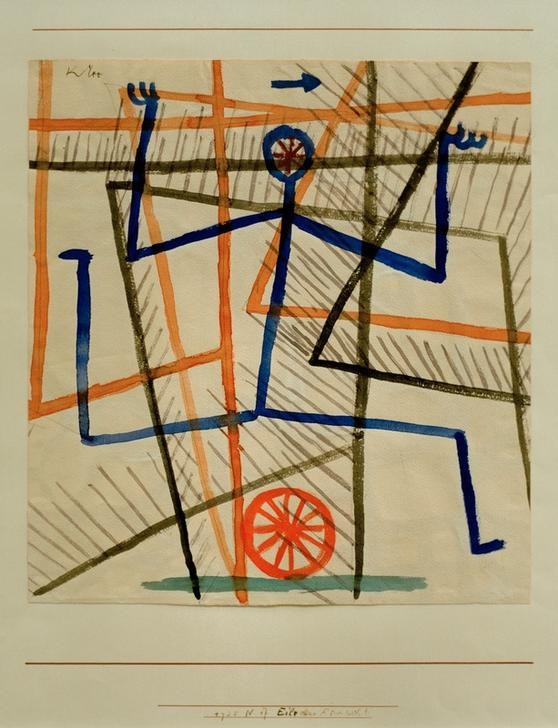 Paul Klee, Eile ohne Rücksicht (Deutsche Kunst,Laufen,Pfeil,Rad,Verkehr,Fortschritt,Schweizerische Kunst,Rücksichtslosigkeit,Eile,Zukunft,Abstraktion,Strichmännchen,Geschwindigkeit)