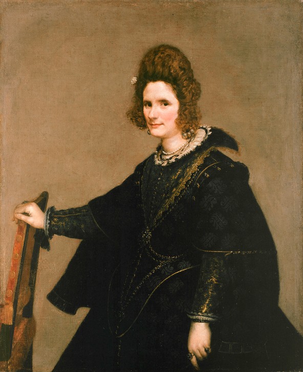 Diego Rodriguez de Silva y Velasquez, Bildnis einer Dame (Damenmode,Frau,Kunst,Mode,Schmuck,Barock,Portrait,Halskette,Perlenkette,Adel,Spanische Kunst,Kleid,Dame,Stuhl,Hochfrisur,Kniestück,Person)