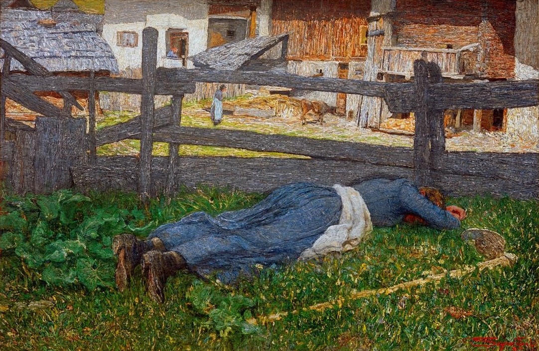Giovanni Segantini, Riposo all’ombra (Frau, Müdigkeit, Erschöpfung,  Mittagsschlaf, Bäuerin, Landleben, Dorfleben, Landwirtschaft, Realismus, Malerei, klassische Moderne, Wunschgröße, Wohnzimmer)
