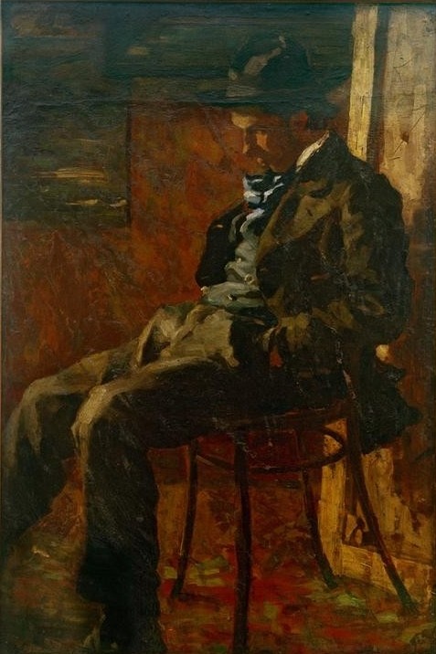 Giovanni Segantini, Ritratto di Emilio Longoni (Künstler, Maler, Mann, Persönlichkeiten, Ganzkörperportrait, Sitzender, Hut, Anzug, nachdenklich, Realismus, Malerei, klassische Moderne, Wunschgröße, Wohnzimmer)