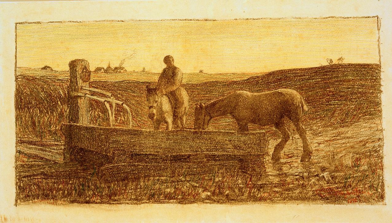 Giovanni Segantini, Cavalli all’abbeveratoio (Reiter, Landschaft, Pferde, Viehtränke, Brunnen, Zeichnung, Divisionismus, klassische Moderne, Wunschgröße, Wohnzimmer)