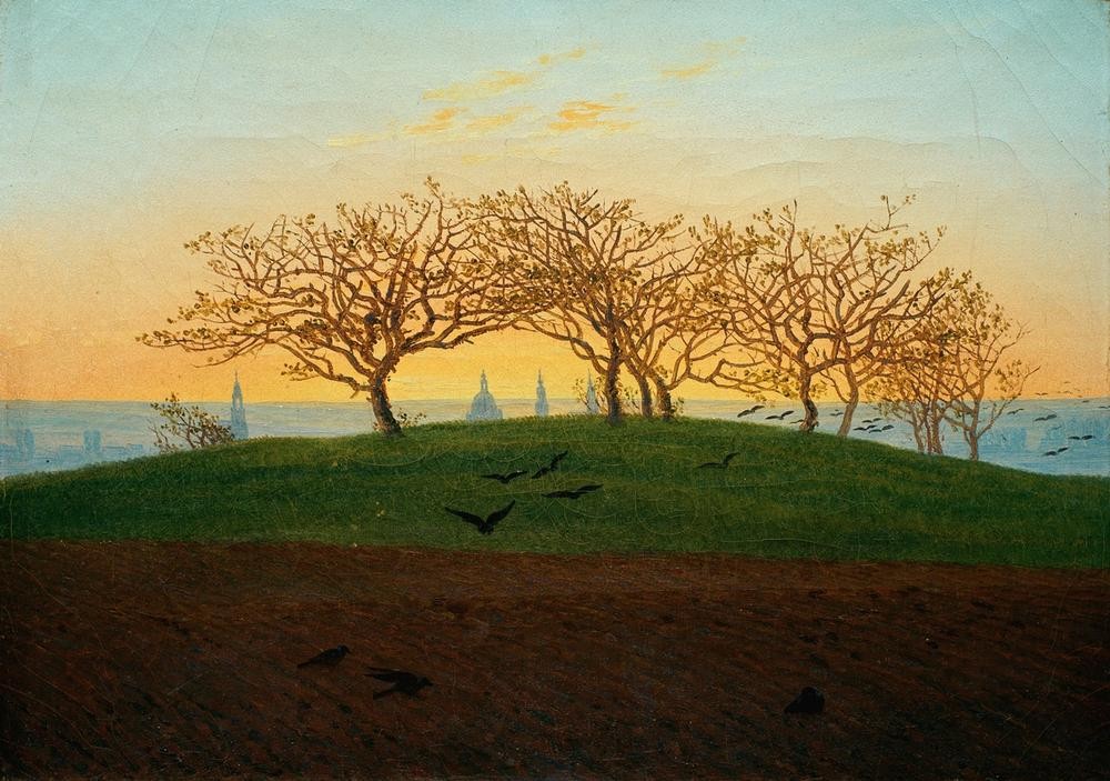 Caspar David Friedrich, Hügel mit Bruchacker bei Dresden (Deutsche Kunst,Himmel (Natur),Kunst,Landschaft,Sonnenuntergang,Stadt,Vogel,Tageszeiten,Abend,Krähe,Baum,Acker,Feld,Hügel,Dämmerung,Tier,Stadt Und Land,Kirchturm,Romantik,Vogelschwarm,Baumgruppe,Landwirtschaft,Abendrot)