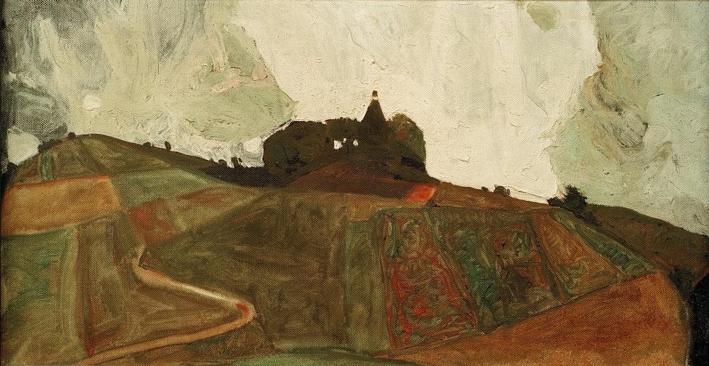 Egon Schiele, Gewitterberg: Kapelle auf dem Kreuzberg bei Krumau (Gewitter,Himmel (Natur),Landschaft,Meteorologie,Expressionismus,Österreichische Kunst,Berg,Kapelle (Kirche))