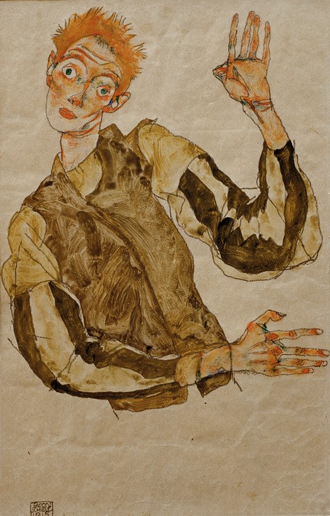 Egon Schiele, Selbstdarstellung mit gestreiften Ärmelschonern (Künstler,Maler (Künstler),Mann,Zeichner,Selbstbildnis,Portrait,Gestik,Österreichische Kunst,Rote Haare,Ärmelschoner,Person)
