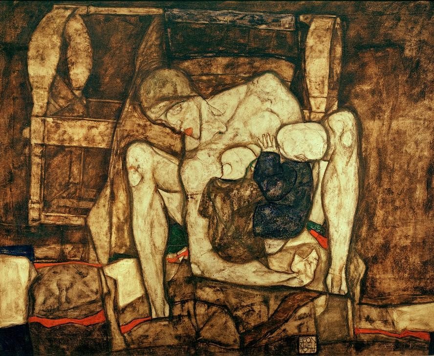 Egon Schiele, Blinde Mutter (Baby,Familie,Frau,Mensch,Mutter Und Kind,Stillen,Akt,Zwillinge (Geschwister),Expressionismus,Blindheit,Österreichische Kunst)