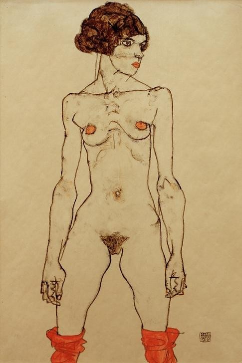 Egon Schiele, Stehendes nacktes Mädchen mit Strümpfen (Frau,Akt,Expressionismus,Französische Kunst,Österreichische Kunst,Schamhaar,Junge Frau)