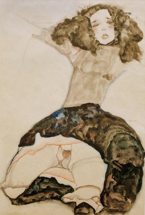 Egon Schiele, Schwarzhaariges Mädchen mit hochgeschlagenem Rock (Erotik,Frau,Akt,Expressionismus,Österreichische Kunst,Vulva,Entblössung,Junge Frau)