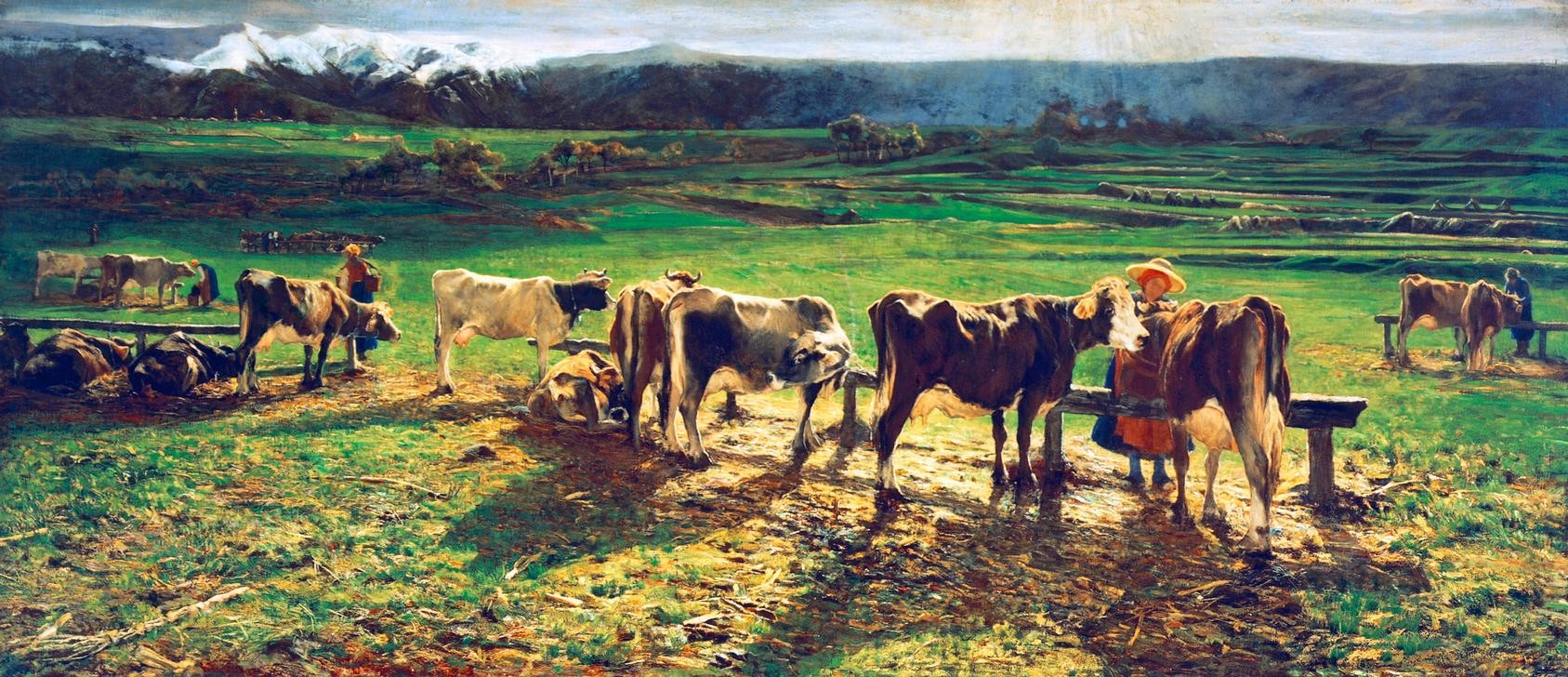 Giovanni Segantini, At the pole (Landschaft, Viehweide, Fütterung, Kühe, Bäuerin, Landwirtschaft, Realismus, Malerei, klassische Moderne, Wunschgröße, Wohnzimmer)