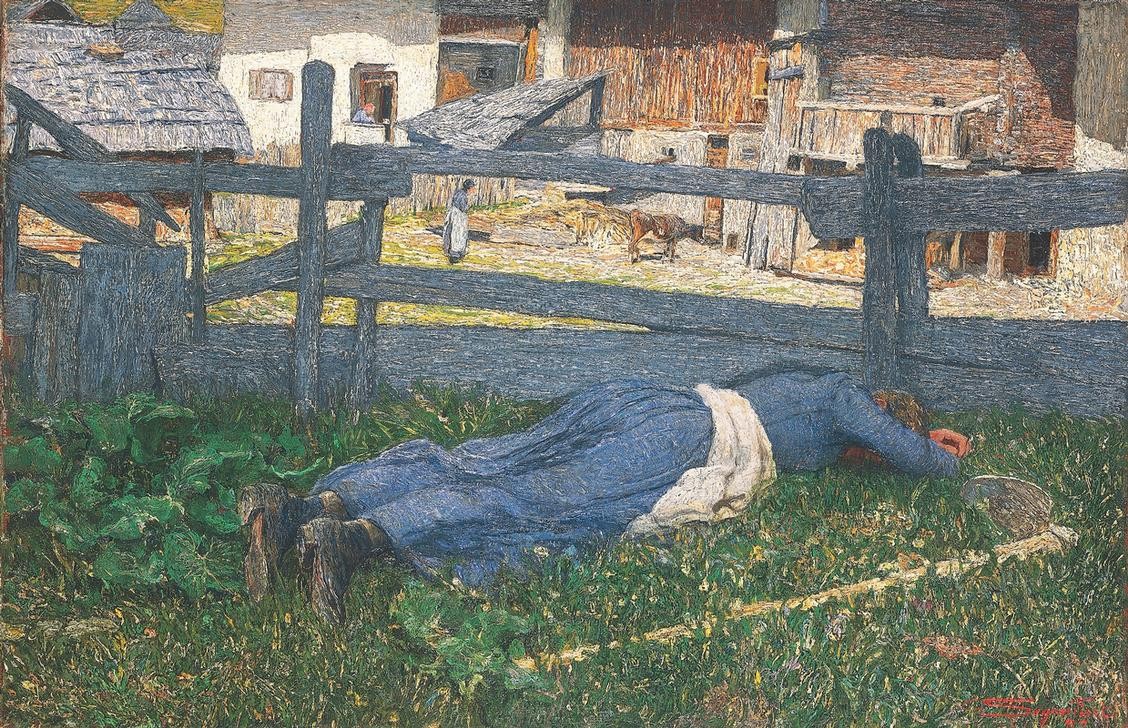 Giovanni Segantini, Resting in the Shade (Frau, Müdigkeit, Erschöpfung,  Mittagsschlaf, Bäuerin, Landleben, Dorfleben, Landwirtschaft, Realismus, Malerei, klassische Moderne, Wunschgröße, Wohnzimmer)