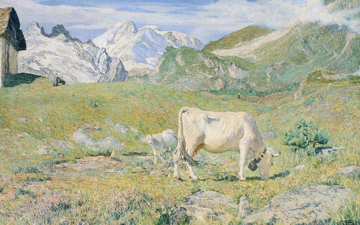 Giovanni Segantini, Spring Pastures (Landschaft, Berge, Gebirge, Weiden, Kuh, Kalb, sonnig, Idylle, Weiden, Realismus, Malerei, klassische Moderne, Wunschgröße, Wohnzimmer)