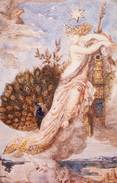 Gustave Moreau, The peacock complaining to Juno (Kunst,Vogel,Wolke,Pfau,Fantasy,Tag,Göttin,Sinnlichkeit)