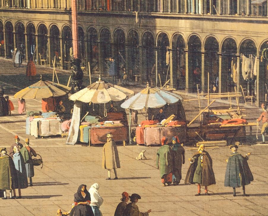 Giovanni Antonio Canaletto, Piazza San Marco from the Basilica towards the church of San Geminiano and the Procuratie Nuove, Venice (Architektur, Wunschgröße, Malerei, Venedig, Städte, Piazza, Prokuratien, Händler, Marktstände, Alltag, Italien, Klassiker, Detail, Wohnzimmer, bunt)