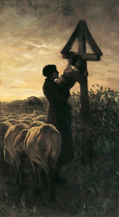 Giovanni Segantini, Kiss the Cross (Christentum, Glaube, Religion, Wegekreuz, Kuss, Mutter, Kind, Schafe, Schafherde, Abendstimmung, Realismus, Malerei, klassische Moderne, Wunschgröße, Wohnzimmer)