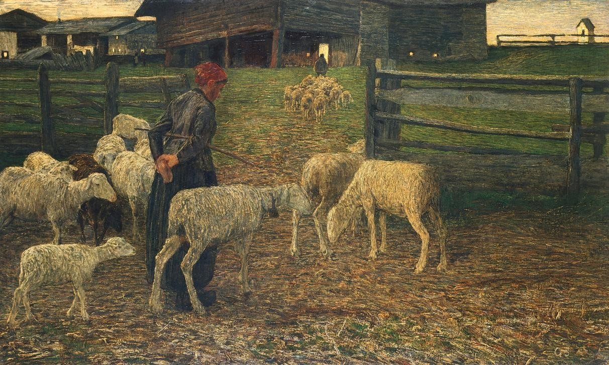 Giovanni Segantini, Return to the fold (Schäferin, Bäuerin, Schafherde, Abendszene, Rückkehr, Stall, Genre, Landleben,  Realismus, Malerei, klassische Moderne, Wunschgröße, Wohnzimmer)