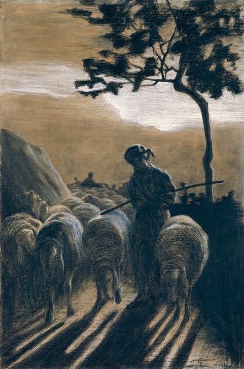 Giovanni Segantini, Flock on the road (Schafherde, Schäferin, Abendszene, Schatten, Landleben, Realismus, Malerei, klassische Moderne, Wunschgröße, Wohnzimmer)