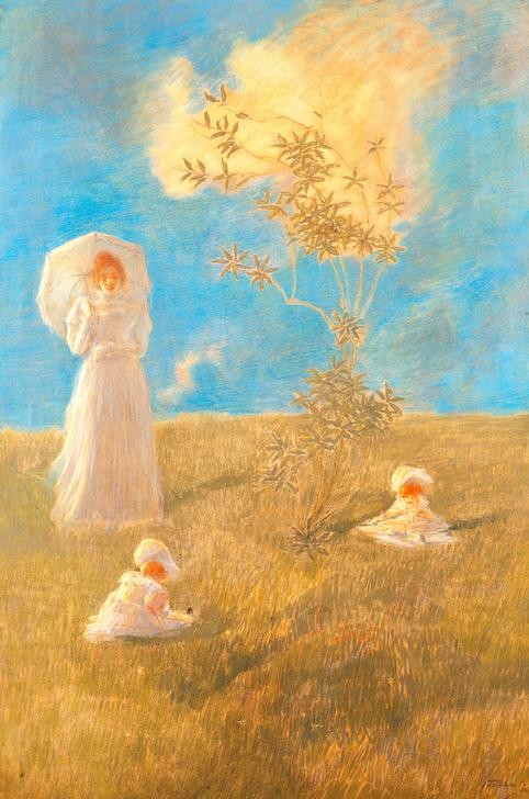 Gaetano Previati, The quiet (Feld, Wiese, Gras, Sonnentag, Idylle, Mutter, Kinder, Sonnenschirm, Wunschgröße, Postimpressionismus, Wohnzimmer)