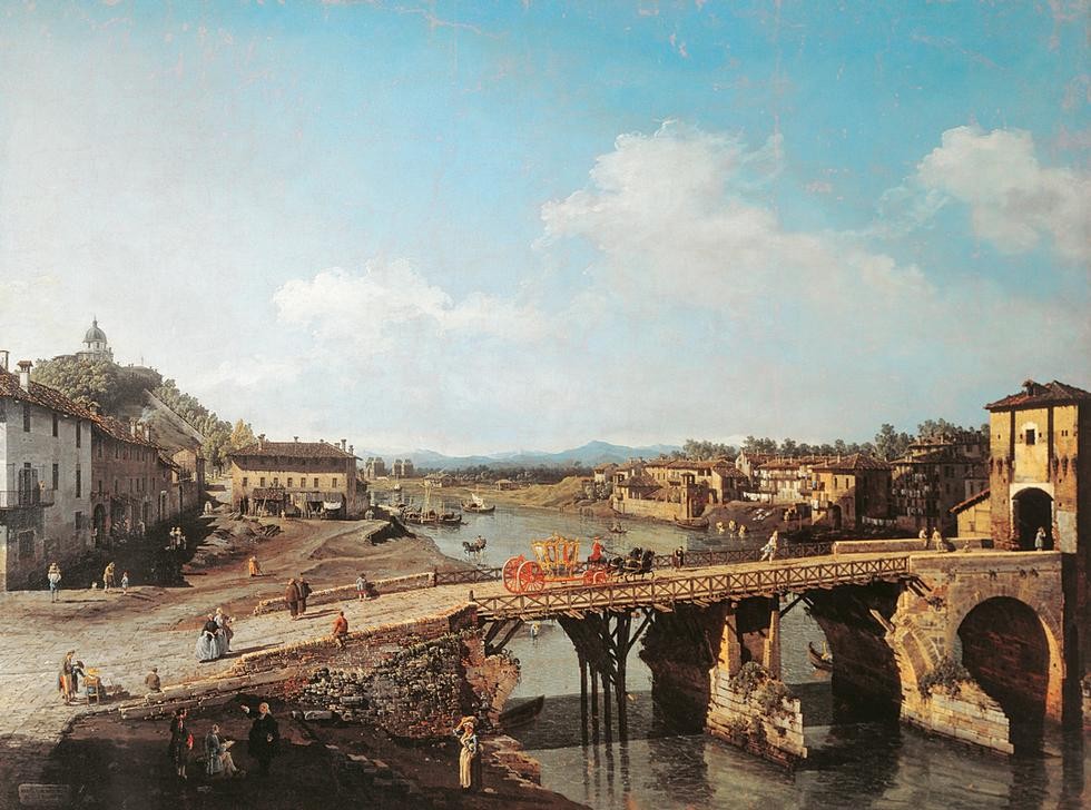 Bernardo Bellotto, View of the old bridge over the Po at Turin (Brücke, Stadt, Italien, Turin, Fluss, Po, Architektur, Gebäude, mittelalterliche Stadt, Vedute, historisch, Malerei, Wohnzimmer, Wunschgröße, Klassiker, bunt)
