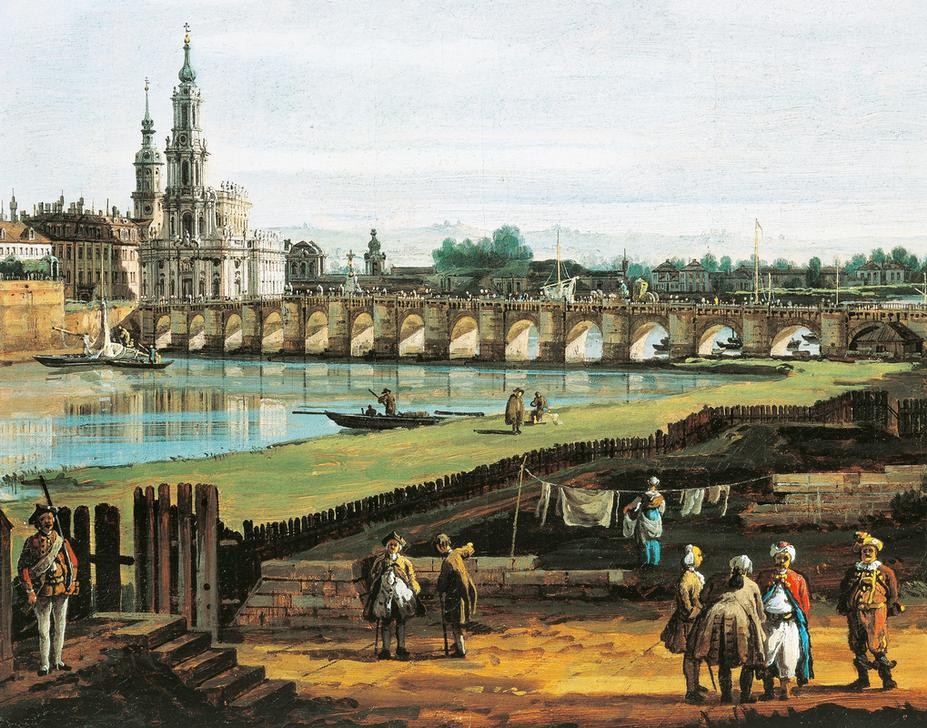 Bernardo Bellotto, Dresden (Dresden, Fluss, Elbe, Brücke,  Architektur, Gebäude, Vedute, historische Stadt, Rokoko, Malerei, Wohnzimmer, Wunschgröße, Klassiker, bunt)