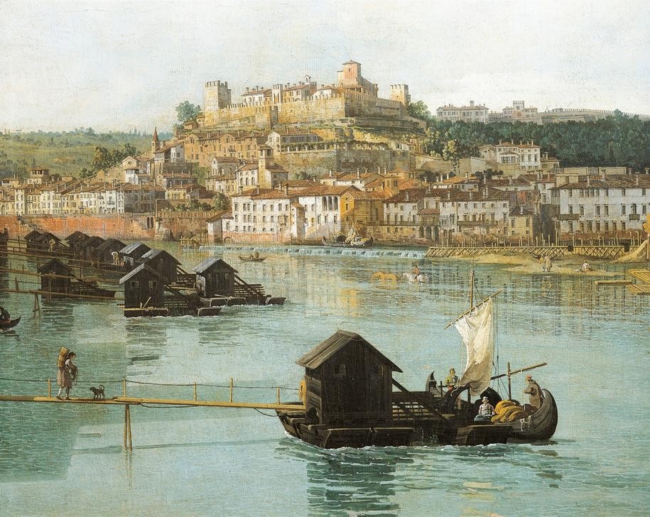 Bernardo Bellotto, View of Verona with the Adige River looking towards Castel San Pietro (Verona, Italien, Burg, Castel San Pietro, Architektur, Gebäude, Vedute, Umschlagplätze, Ware, mittelalterliche Stadt, Fluss, Etsch, Boote, Treckschute, historisch, Malerei, Wohnzimmer, Wunschgröße, Klassiker, bunt)