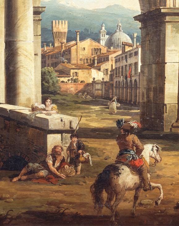 Bernardo Bellotto, Roman Capriccio with turreted walls (Rom, Torbogen, Reiter, Bettler, Genre, Alltag, Gebäude, Capriccio,  historisch, Malerei, Wohnzimmer, Wunschgröße, Klassiker, bunt)