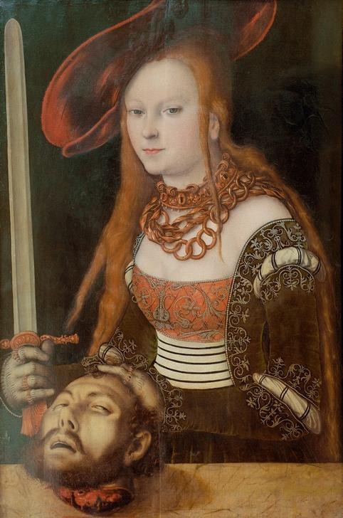 Lucas Cranach der Ältere, Judith mit dem Haupt des Holofernes (Bibel, Altes Testament, Judith, Enthauptung, Mord, Hauptmann, Damenhut, Damenmode,  Bildnis, Portrait, Menschen, Religion, Klassiker, Renaissance, Wunschgröße, Wohnzimmer)