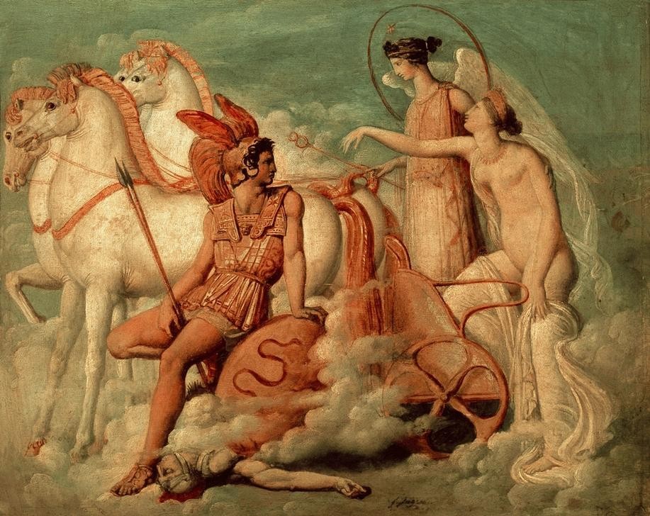 JEAN-AUGUSTE-DOMINIQUE INGRES, Rückkehr der verwundeten Venus in den Olymp (Literatur,Mythologie,Pferd (Tier),Klassizismus,Trojanischer Krieg,Quadriga,Olymp (Mythologie),Französische Kunst,Epos,Rückkehr,Griechisch-Römische Mythologie,Verwundung)