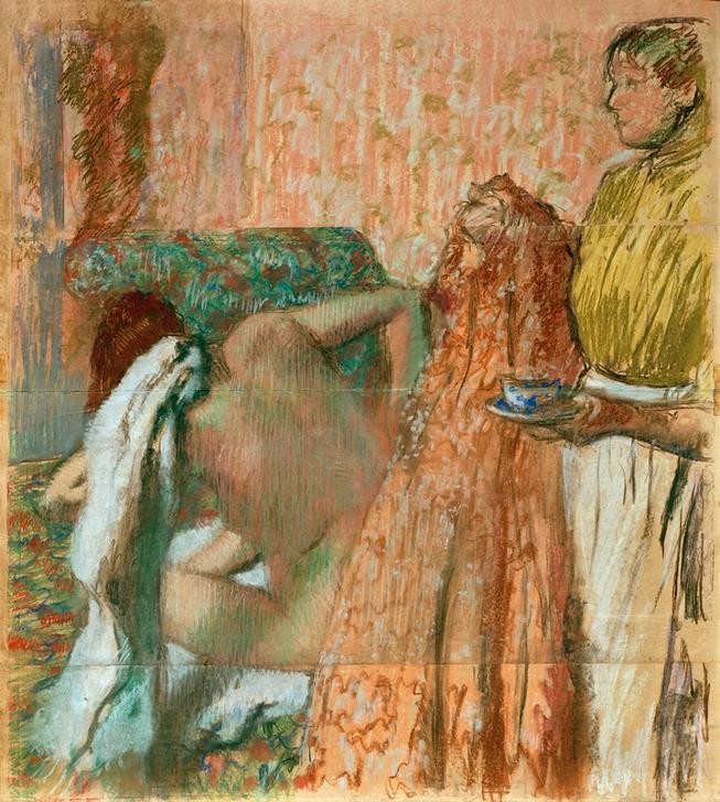 Edgar Degas, Frühstück nach dem Bad (Körperpflege,Bad,Dienstboten,Frau,Kaffee,Morgentoilette,Tageszeiten,Morgen,Impressionismus,Akt,Frühstück,Rückenakt,Französische Kunst,Handtuch,Dienstmädchen,Frauenleben,Abtrocknen,Kammerjungfer)