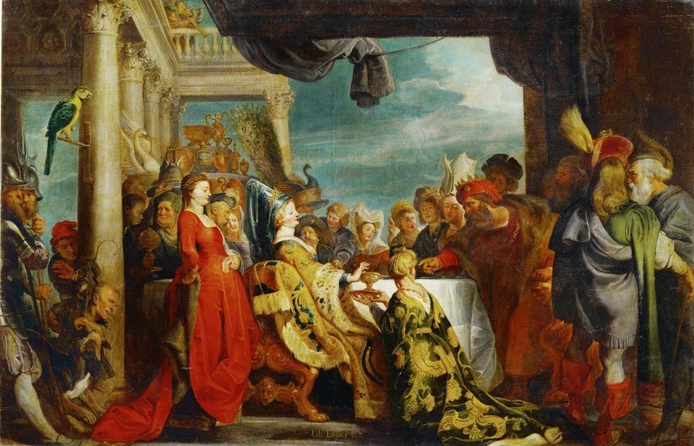 Peter Paul Rubens, Alboin und Rosamunde (Flämische Kunst,Geschichte,Sage,König,Langobarden,Papagei,Tafelsitten,Szene,Vogel,Barock,Trinken,Höfische Gesellschaft,Legende,Fabel,Niederländische Kunst,Kleidung (Allgemein),Tier,Person,Gastmahl,Feier)