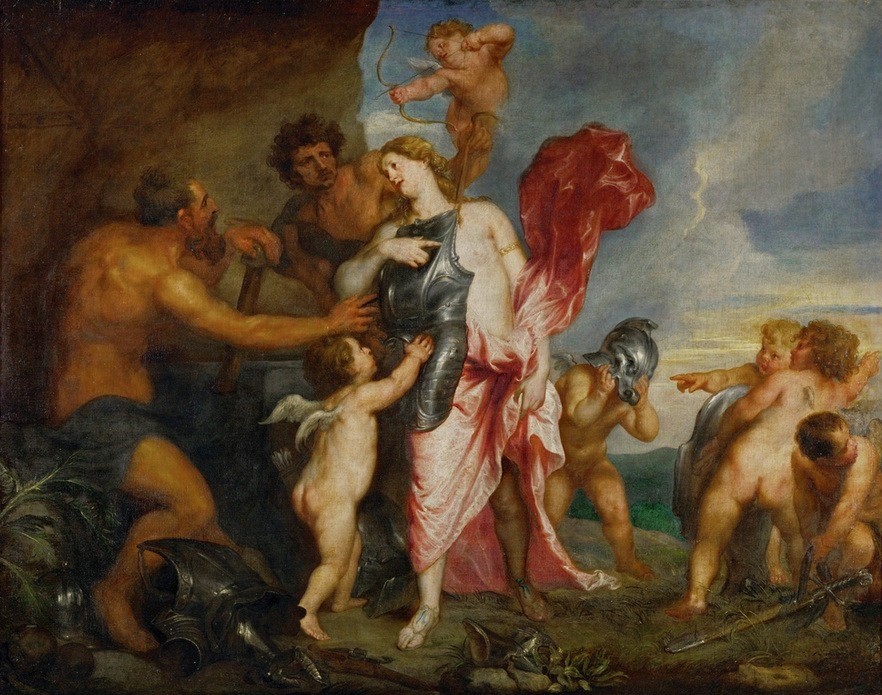 Anthonis van Dyck, Thetis in der Schmiede des Vulkan (Nymphe, Nereide, Götter, Putten, Schmiede, Feuer, Feuer, Mythologie, Trojanischer Krieg, Barock, Klassiker, Wunschgröße, Wohnzimmer)