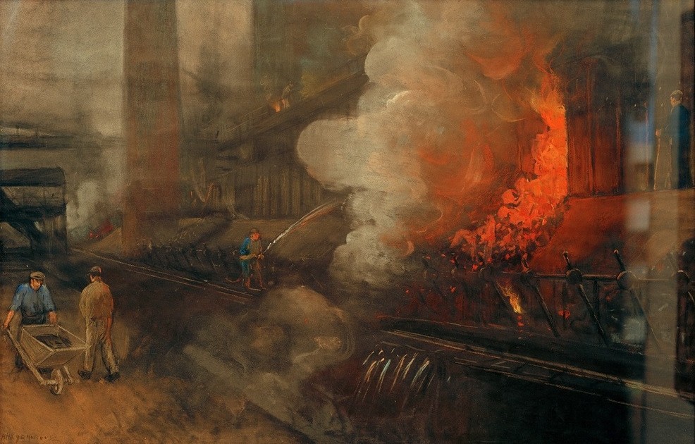 Herman Heijenbrock, Kokerei Maurits, Lutterade (Arbeiter,Kohle,Kokerei,Technik,Schubkarre,Niederländische Kunst,Löschen,Qualm)