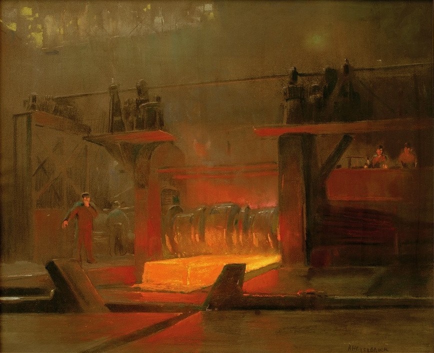 Herman Heijenbrock, Arbeiter im Walzwerk (Arbeiter,Eisen Und Stahl,Industrie,Metall,Walzwerk,Technik,Niederländische Kunst,Metallverarbeitung)