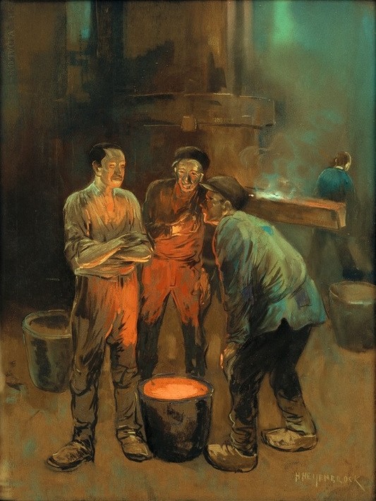 Herman Heijenbrock, Arbeiter im Gespräch beim Abstich (Arbeiter,Arbeit,Eisen Und Stahl,Gesellschaft,Industrie,Niederländische Kunst,Holzschuhe,Stahlwerk,Unterhaltung (Gespräch))