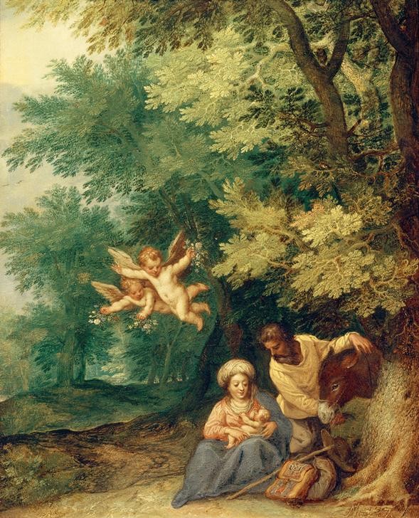 Jan Brueghel der Ältere, Ruhe auf der Flucht (Baby,Christentum,Deutsche Kunst,Engel,Familie,Flämische Kunst,Kunst,Landschaft,Rast,Religion,Wald,Laubwald,Stillen,Barock,Heilige Familie,Maria Mit Kind,Esel,Flucht,Neues Testament,Bibel,Putto,Jungfrau,Manierismus,Gepäck,Ruhe Auf Der Flucht,Flucht Nach Äg)