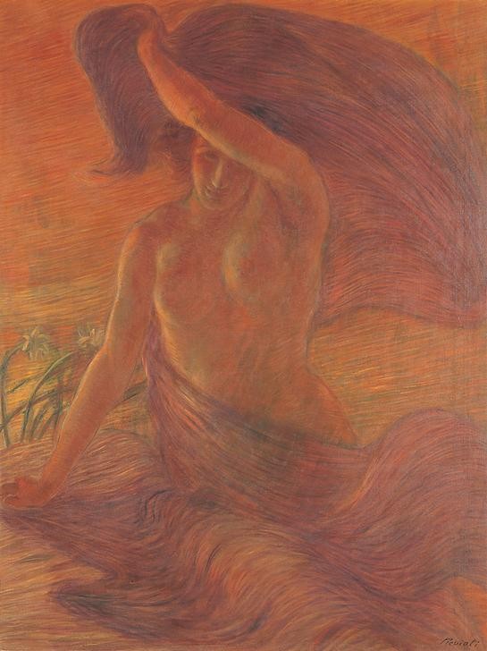 Gaetano Previati, Il Vento (Frau, Allegorie, Wind, Haarpracht, nackt, Aktmalerei, Symbolismus, Malerei, Klassische Moderne, Wunschgröße, Wohnzimmer,)