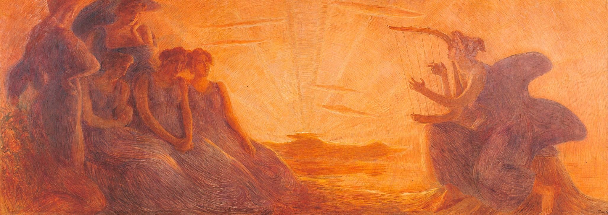 Gaetano Previati ,  Armonia (Harfe,Himmel (Natur),Jugend (Lebensalter),Musik,Öl,Sonne,Symbolismus,Allegorie,Italienische Kunst,Harmonie,Symphonie,Zuhören,Emblem)