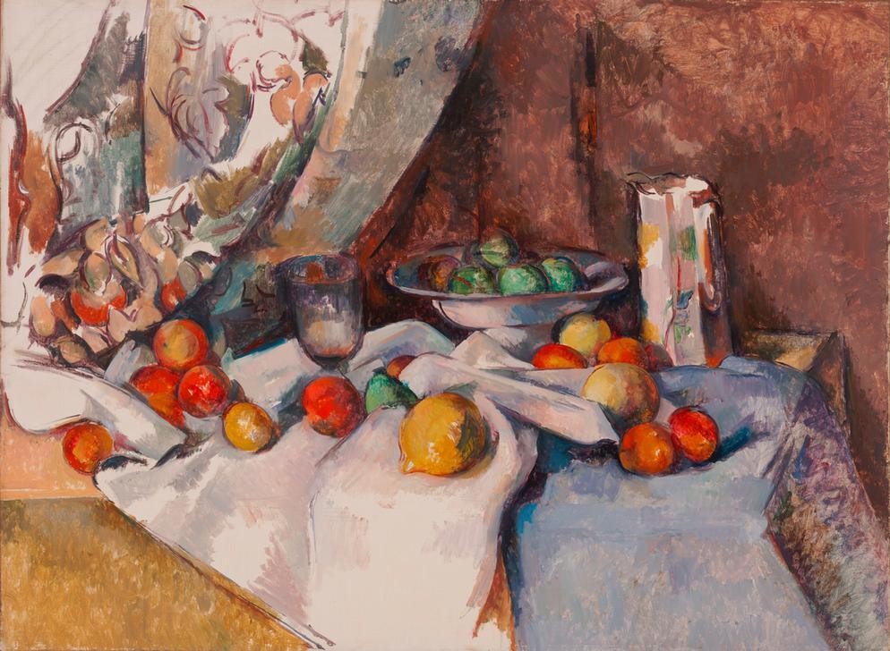 Paul Cézanne, Stilleben mit Äpfeln (Stillleben, Äpfel, Birnen, Früchte, Obst, Schale, Tisch, Tischtuch, Obstschale,  Impressionismus, Wunschgröße, Wohnzimmer, Esszimmer, Klassiker,)