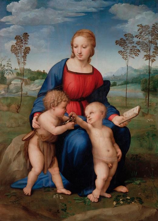 Raffael, Madonna del Cardellino (Christentum,Kunst,Religion,Vogel,Renaissance,Maria Mit Kind,Apostel,Jungfrau,Kind Und Tier,Tierliebe,Italienische Kunst,Jesusknabe,Zeisig,Streicheln,Madonna Del Cardellino,Hochrenaissance,Distelfink)