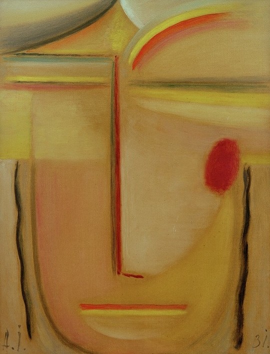 Alexej von Jawlensky, Abstrakter Kopf: Gold und Rosa (Kunst,Mensch,Portrait,Expressionismus,Der Blaue Reiter,Russische Kunst,Gesicht,Kopf,Monogramm,Abstraktion,Geschlossene Augen,Signatur)